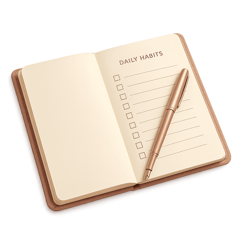 An open daily planner with a checklist and pen
