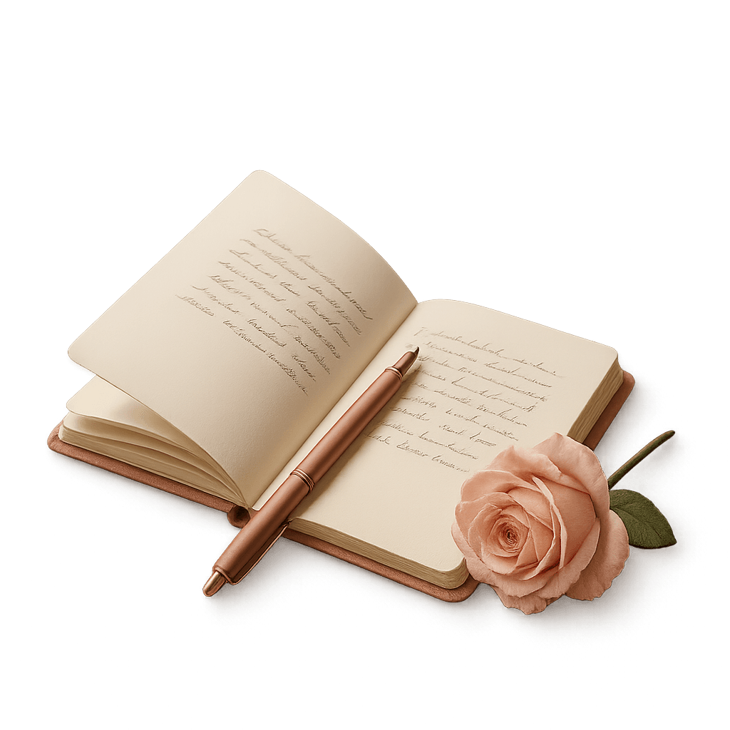 An open cloth-bound journal with a fountain pen and a pink rose