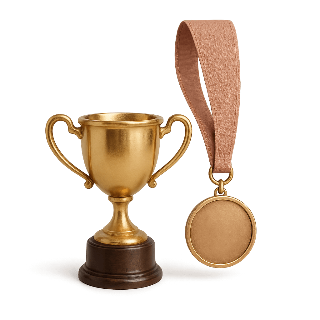 A small trophy and medal